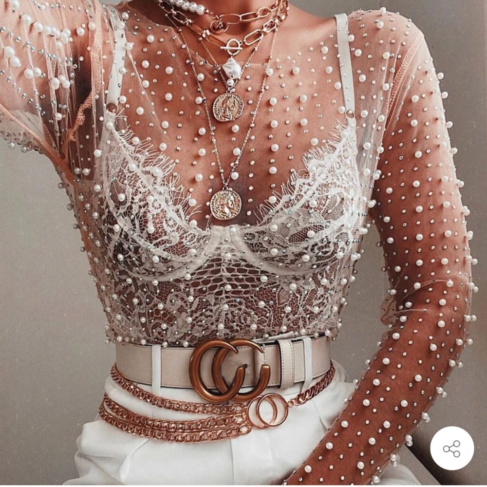 Mesh Pearl Studded Long Sleeve Top